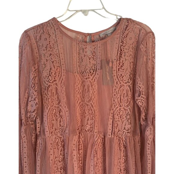 ULTRA Pink Solid Pink 100% Lace Peplum-Waist Lined Long Bell Sleeve Blouse NWT L - Picture 4 of 10